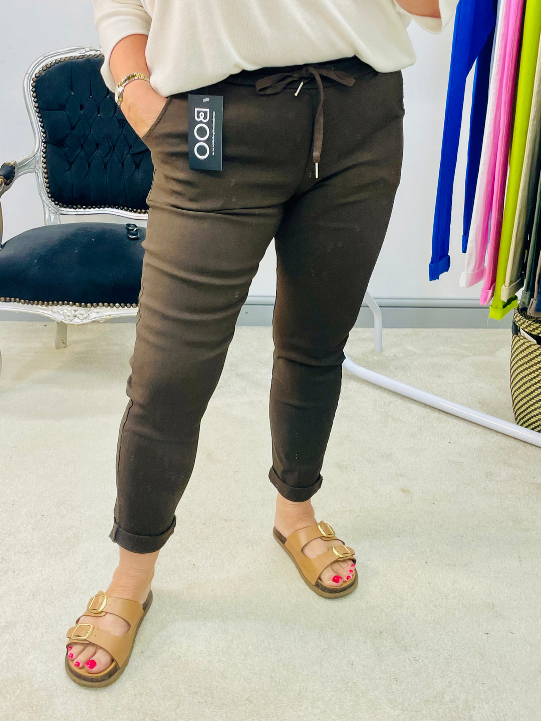 LADIES WOMENS SMART STRETCH MAGIC TROUSERS CHOCOLATE BROWN