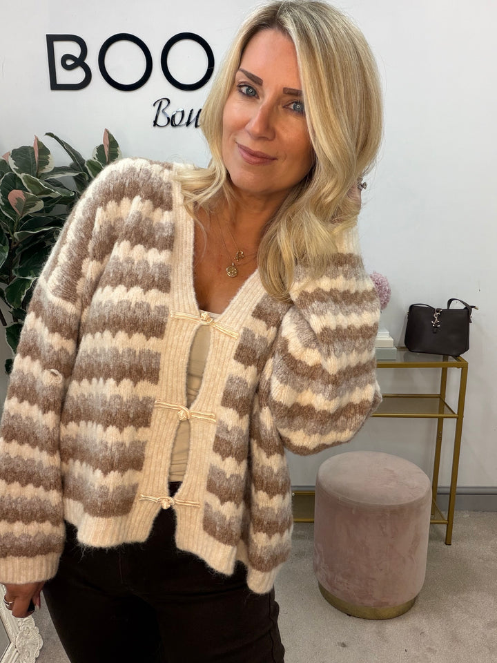 Ladies Fashion Knitted Stripe Cardigan - Beige & Mocha