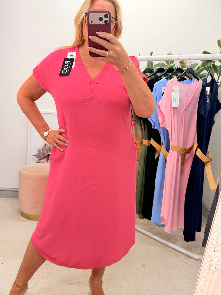 Ladies Fashion Casual Midi Dress fuschia pink