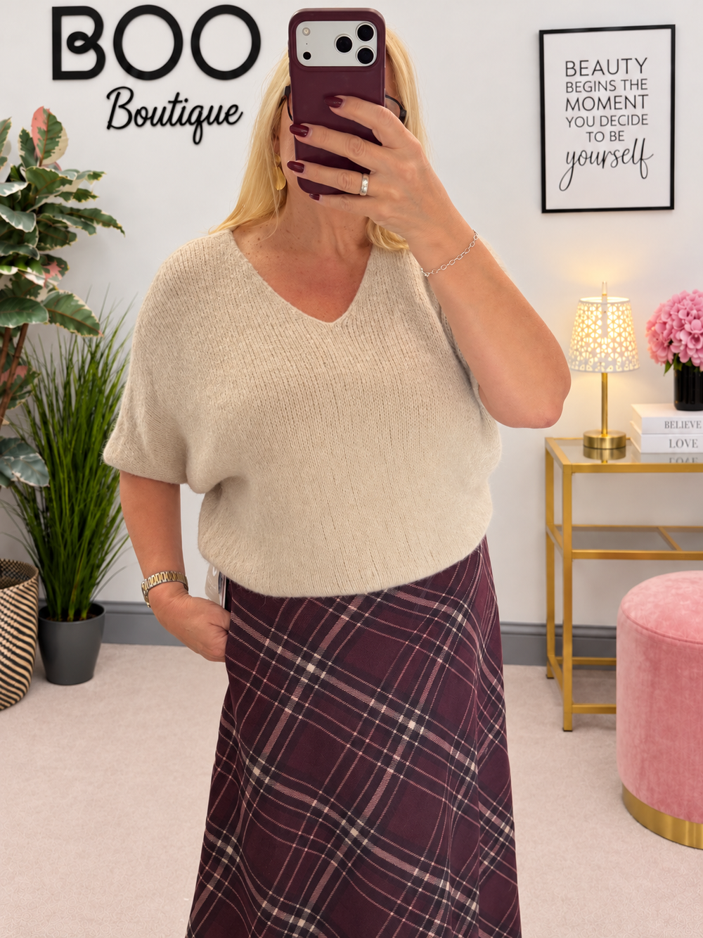 Womens fluffy knit short sleeve V neck jumper - Berry, Brown, Oatmeal, Blue & Khaki