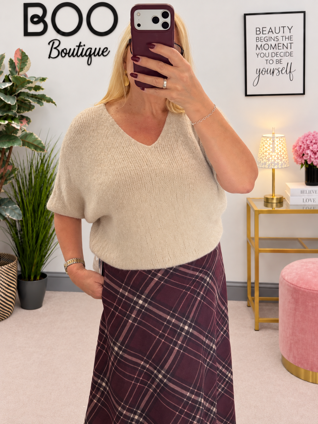 Womens fluffy knit short sleeve V neck jumper - Berry, Brown, Oatmeal, Blue & Khaki