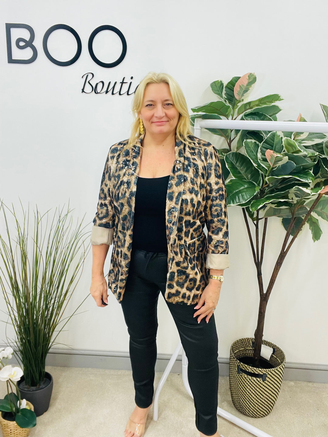 LADIES ANIMAL LEOPARD PRINT SEQUIN JACKET BLAZER