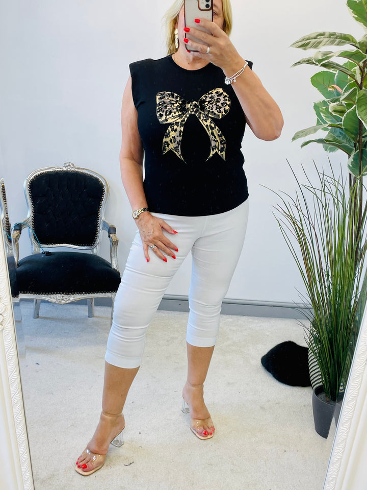 LADIES STRETCH SEQUIN BOW T TEE SHIRT - BLACK & WHITE