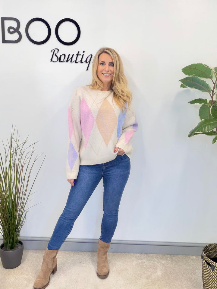LADIES SOFT KNIT ARGYLE JUMPER - PINK, LEMON, BLUE, MINT & CREAM