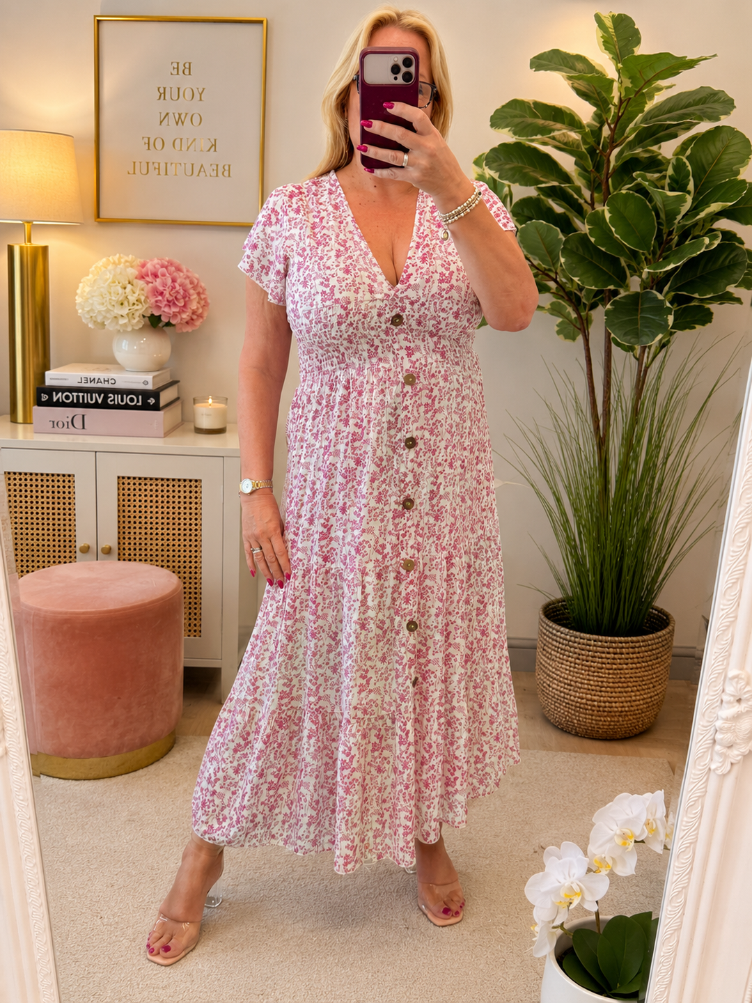 Ladies Fashion Daisy Print Midi Day Dress - Blue, Navy, Pink, Red