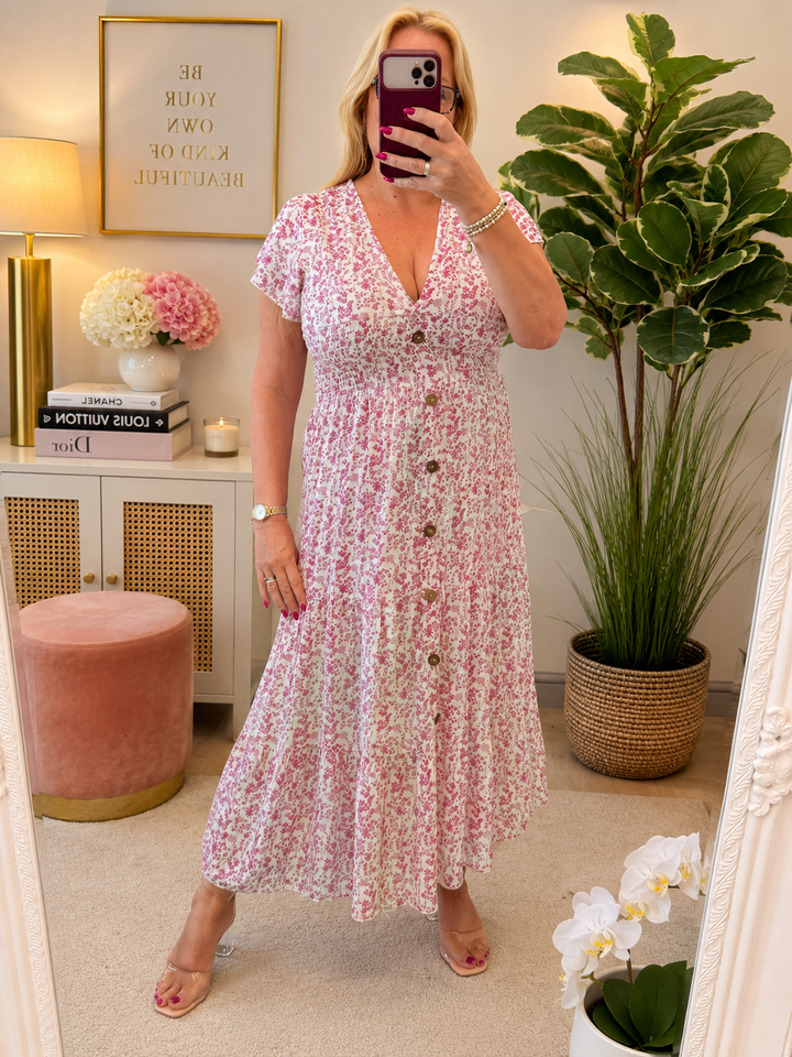 Ladies Fashion Daisy Print Midi Day Dress - Blue, Navy, Pink, Red