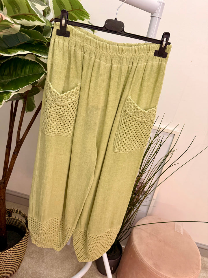 Ladies Crochet Pocket Harem Teabag Linen Trousers pistachio lime green