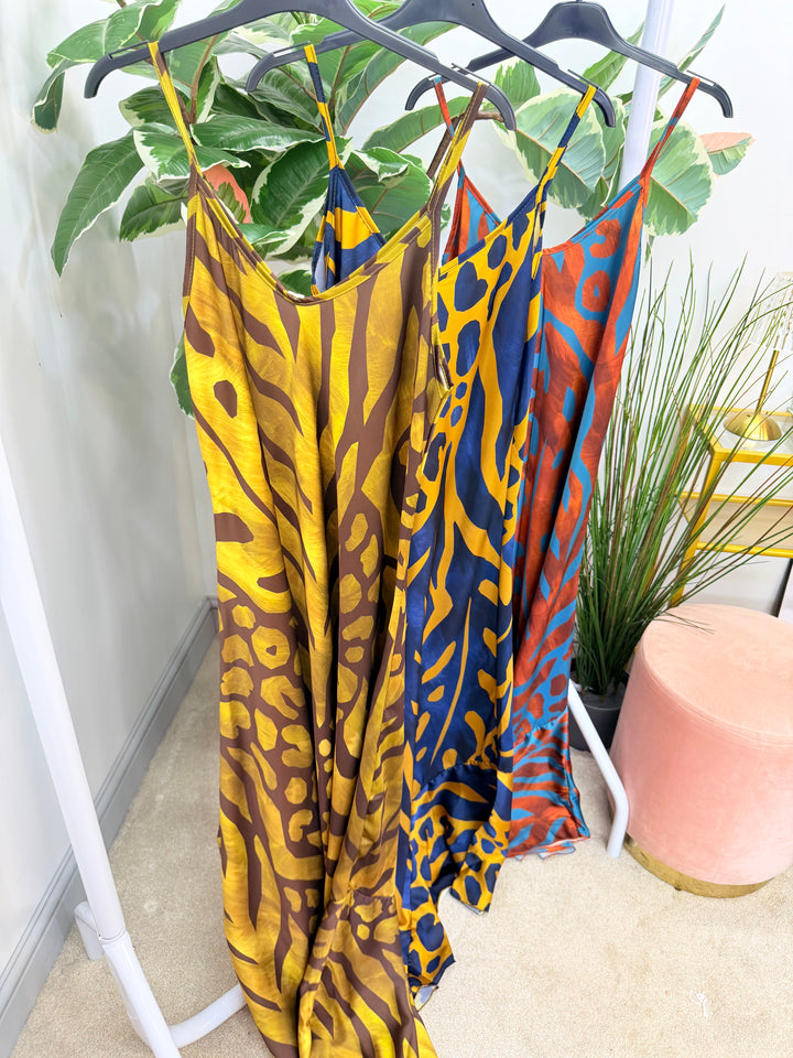Ladies Satin Summer Maxi Holiday Dress - Navy, Teal & Chocolate