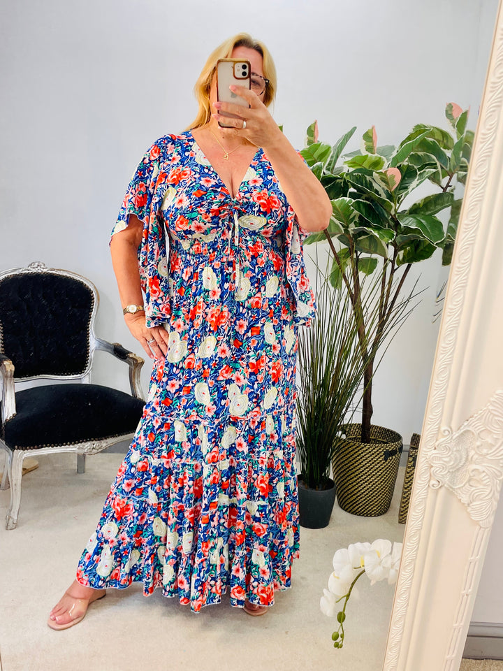 LADIES BOHO SUMMER BLUE & RED FLORAL PRINT MAXI DRESS