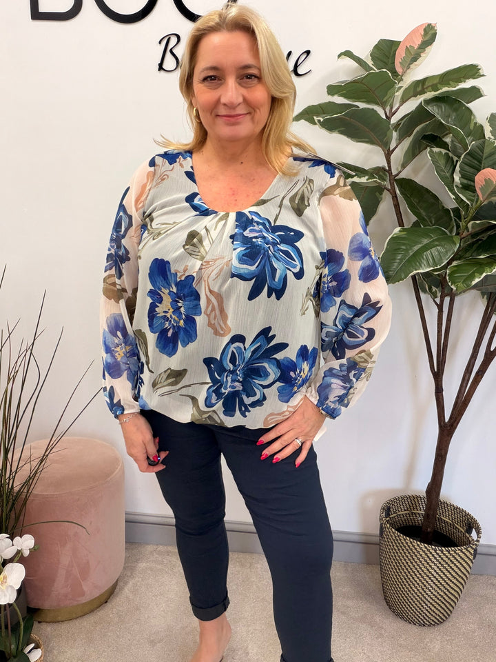 Ladies Fashion Flower Chiffon Blouse Top - Pink, Navy & Blue