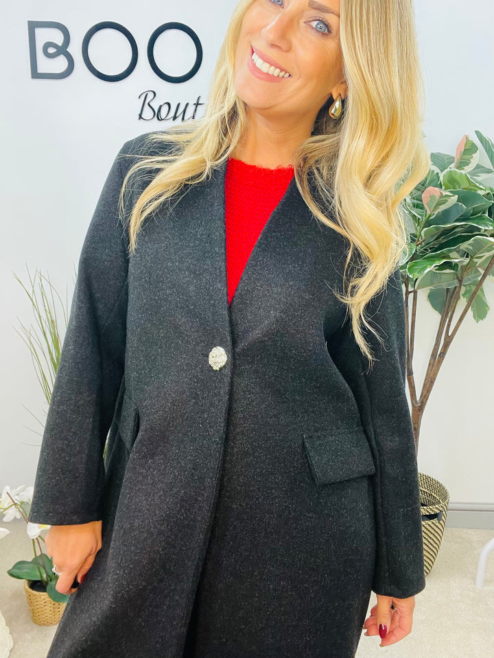 LADIES V NECK DUSTER COAT - CAMEL, CHARCOAL BLACK & GREY