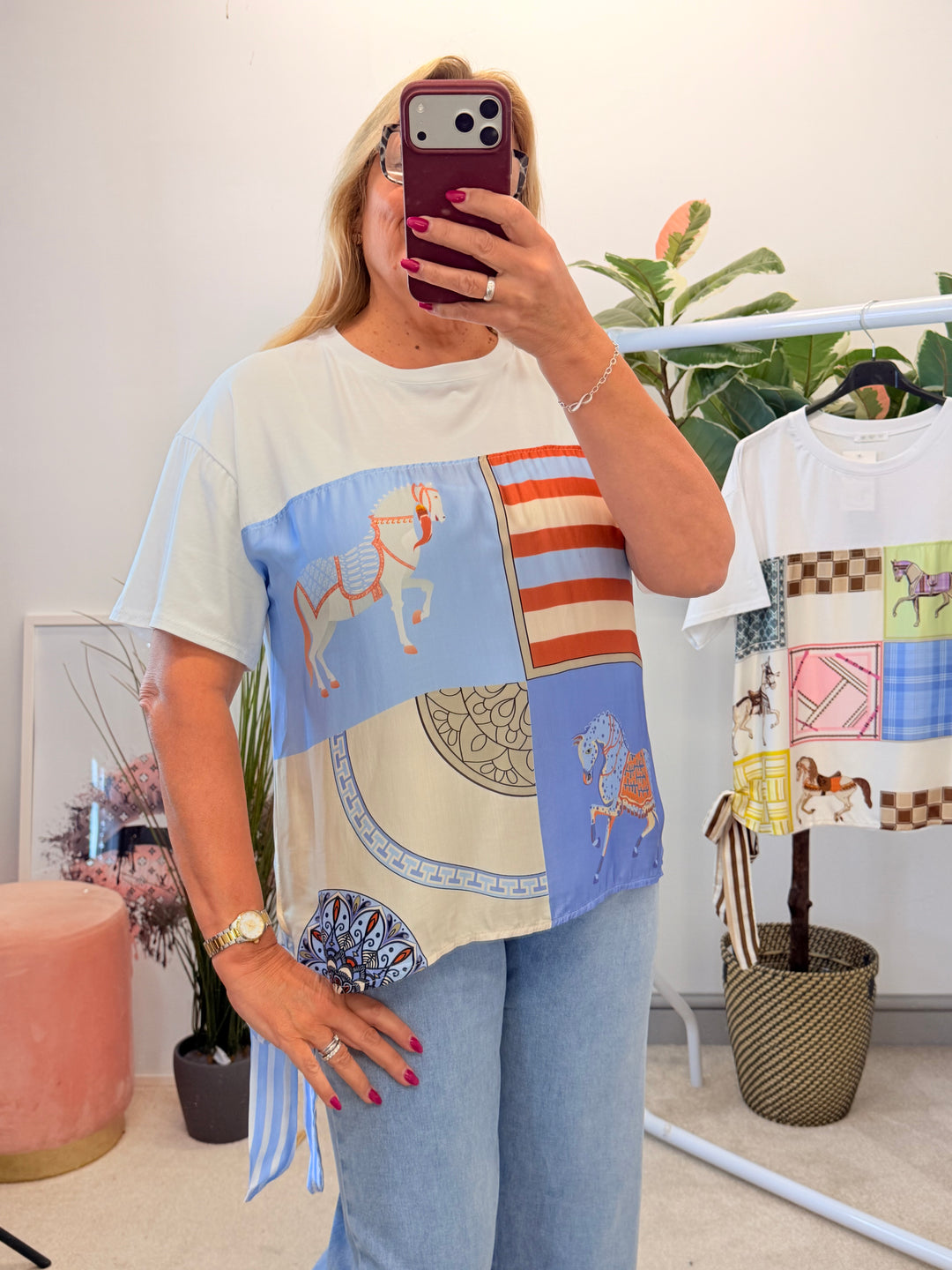Ladies White Satin T Shirt - Pink & Blue