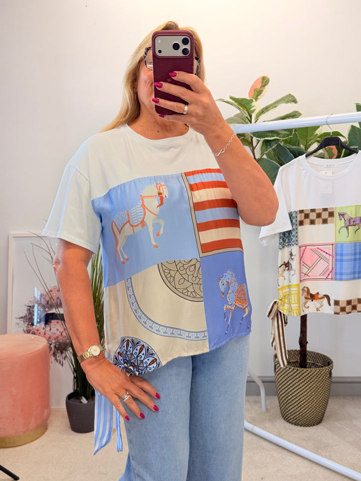Ladies White Satin T Shirt - Pink & Blue