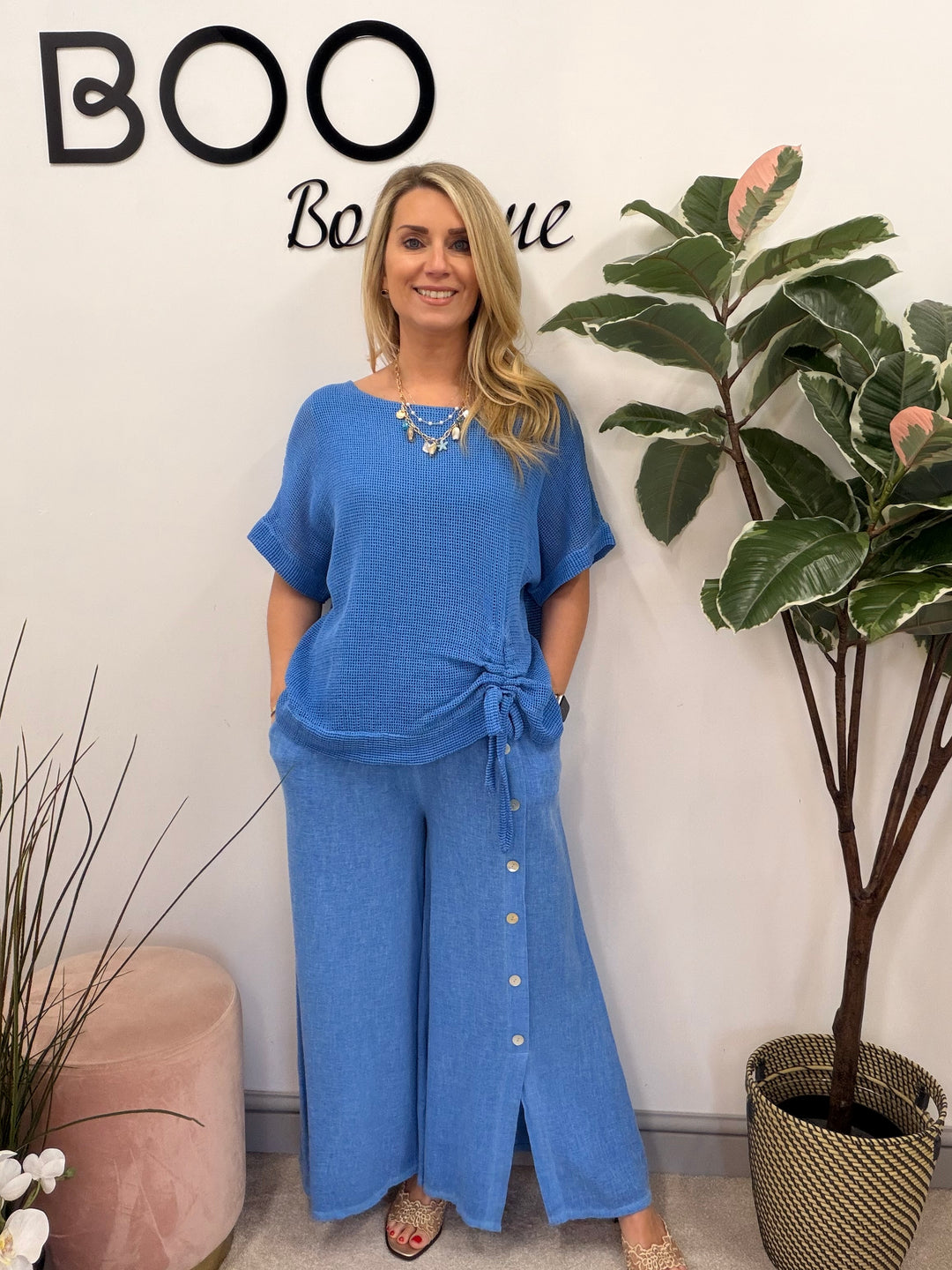 Ladies Fashion Teabag Linen Short Sleeve Top royal blue