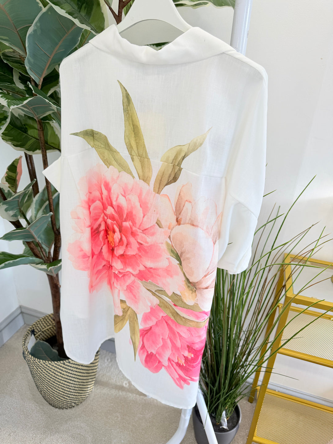 Ladies Cream Linen Rose Print Overize Summer Shirt Top