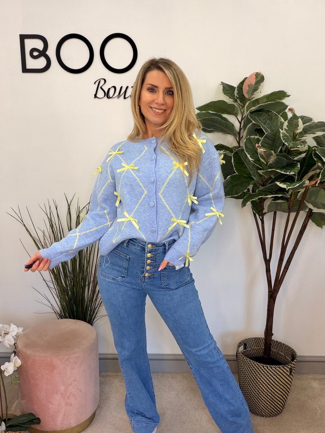 Ladies Fashion Soft Knit Satin Bow Cardigan - blue & pink