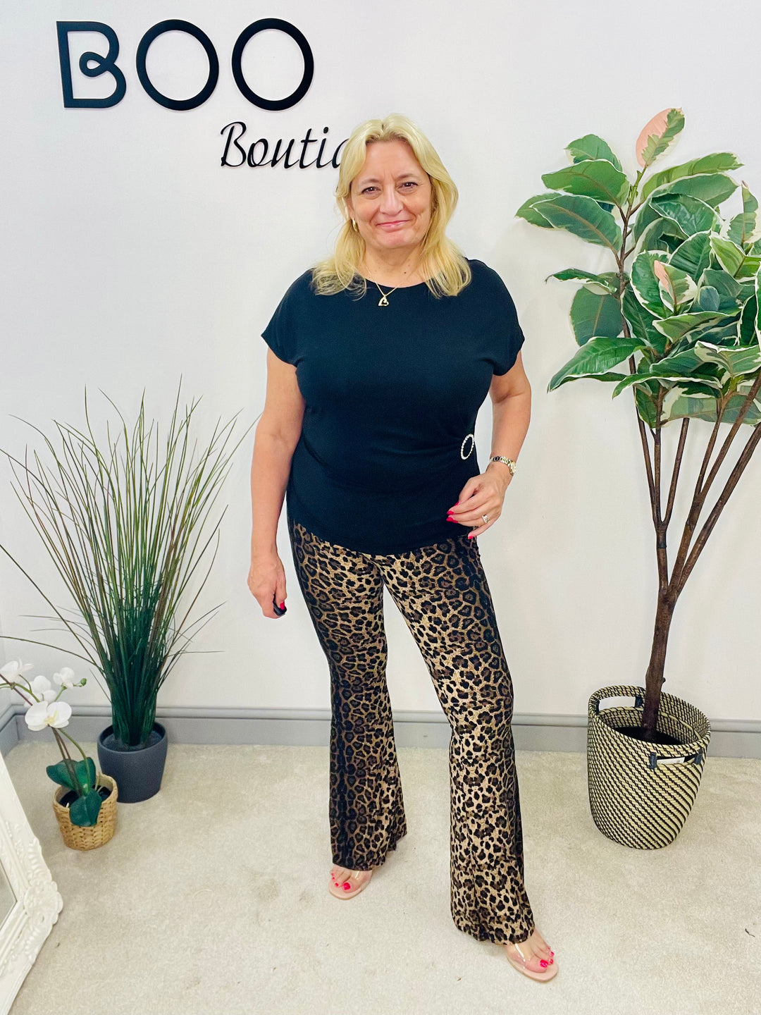 LADIES STRETCH LEOPARD PRINT FLARE LEGGINGS TROUSERS