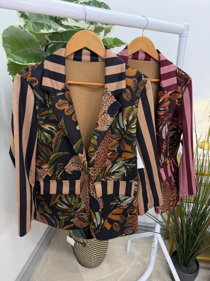 Womens Faux Suede Jungle Print Blazer Jacket - Burgundy & Black