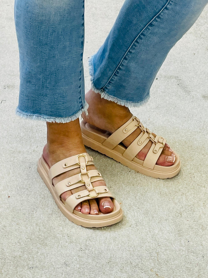 LADIES FLAT FOOTBED BUCKLE SLIDER SUMMER SANDALS - GOLD & NUDE