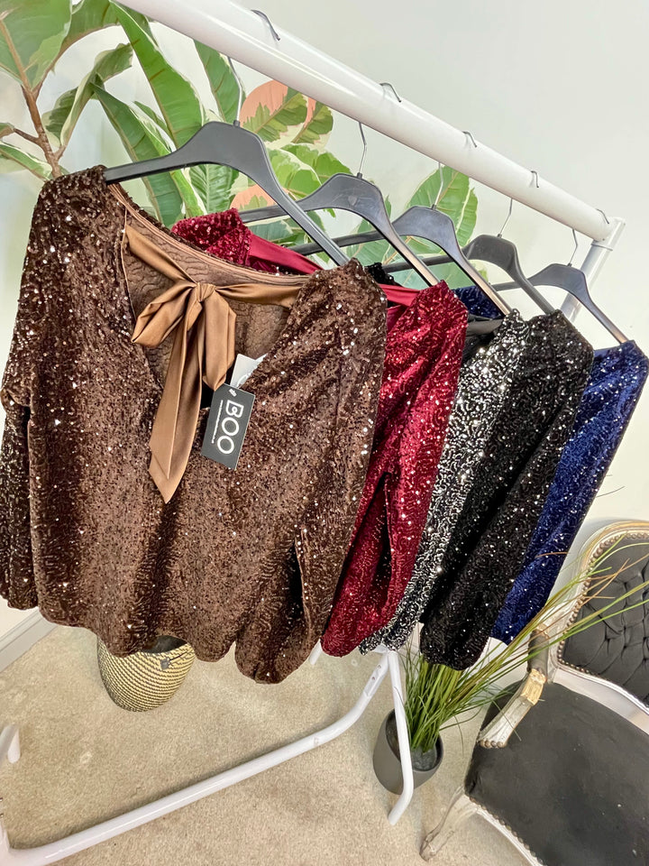 LADIES SEQUIN BOW BACK PARTY TOP - BROWN, BLACK, NAVY, BERRY & SILVER