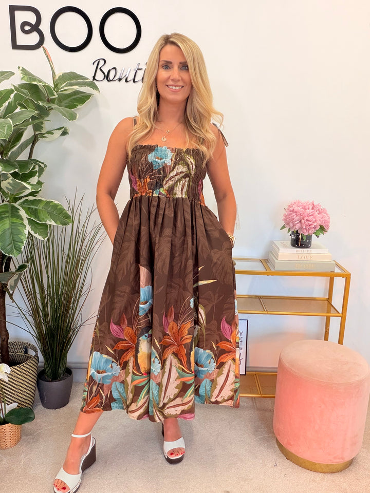 Ladies Flower Print Summer Cami Dress - Cream, Blue, Khaki & Brown