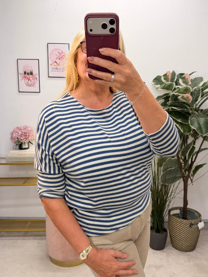 Ladies Fashion Soft Knit Stripe Top - Chocolate, Lime, Blue & Burgundy