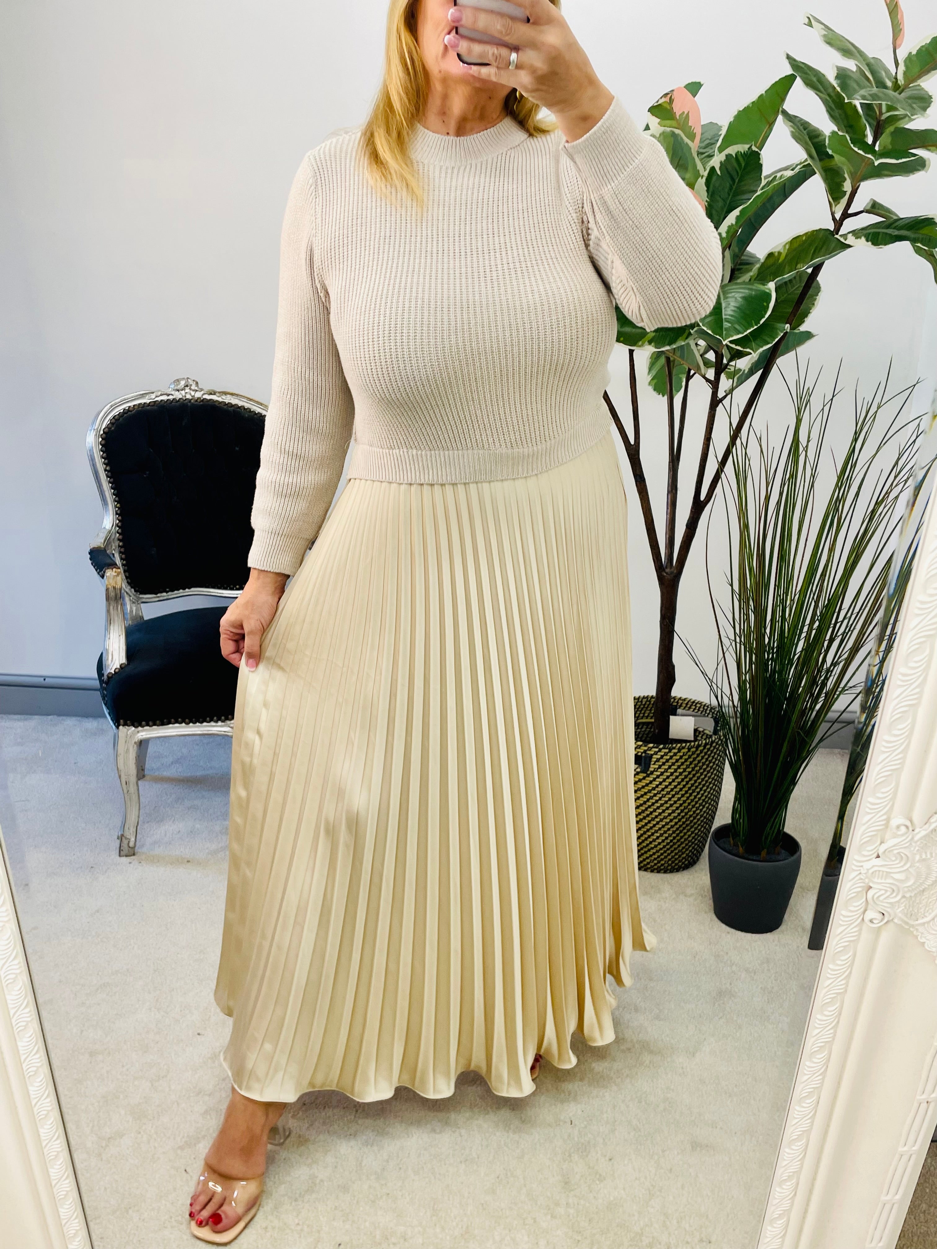 LADIES WOMENS SATIN PLEATED SKIRT DRESS WITH JUMPER TOP 5 COLOURS
