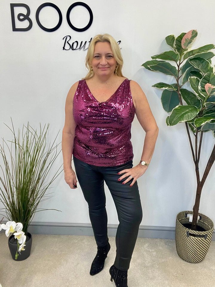 LADIES SEQUIN VEST TOP - BLACK, PURPLE, RED, GOLD, SILVER