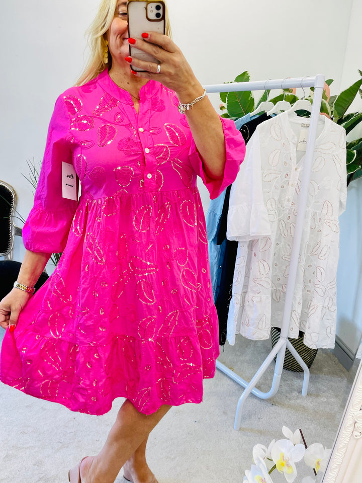 LADIES SUMMER SWING SEQUIN DRESS - WHITE, BLACK, PINK, BLUE