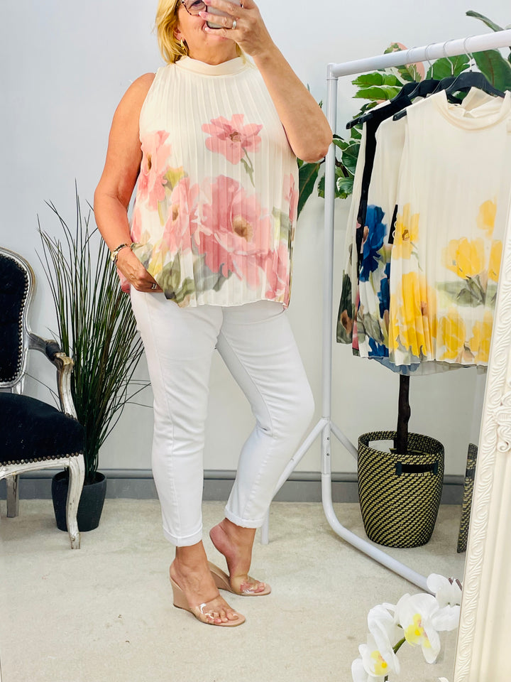 LADIES PLEATED FLOWER PRINT CHIFFON TOP - BLACK, KHAKI, LEMON, PINK & NAVY