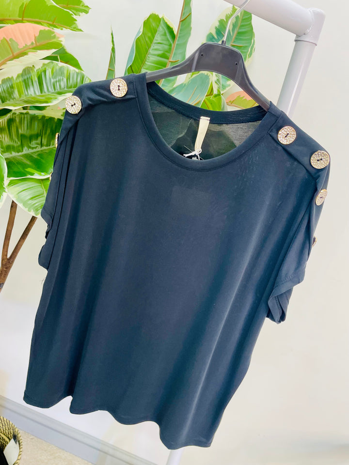 LADIES CASUAL STRETCH GOLD BUTTON T SHIRT - PINK, NAVY, WHITE, BLACK, KHAKI