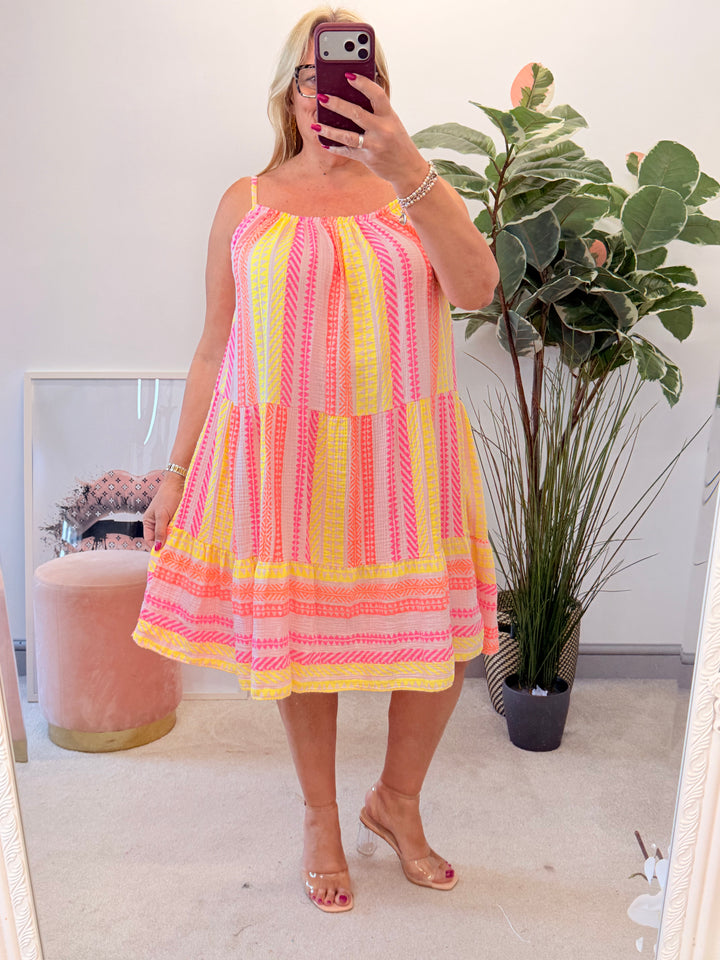 Ladies Aztec Print Cheesecloth Summer Sun Dress - Pink & Navy