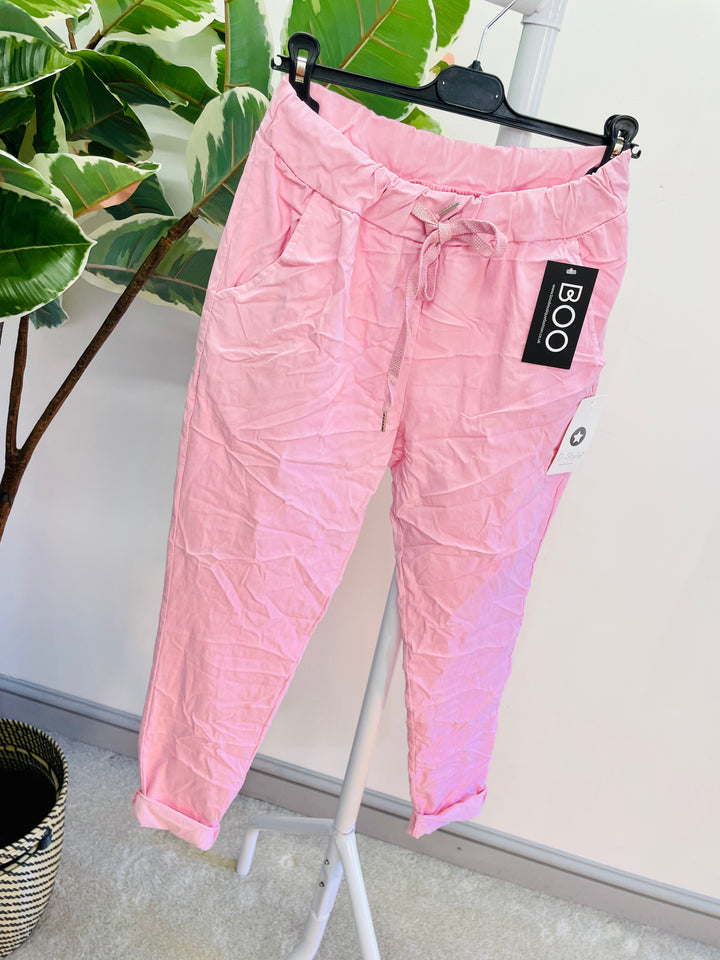 LADIES WOMENS CANDY PINK CRINKLE STRETCH CASUAL MAGIC TROUSERS