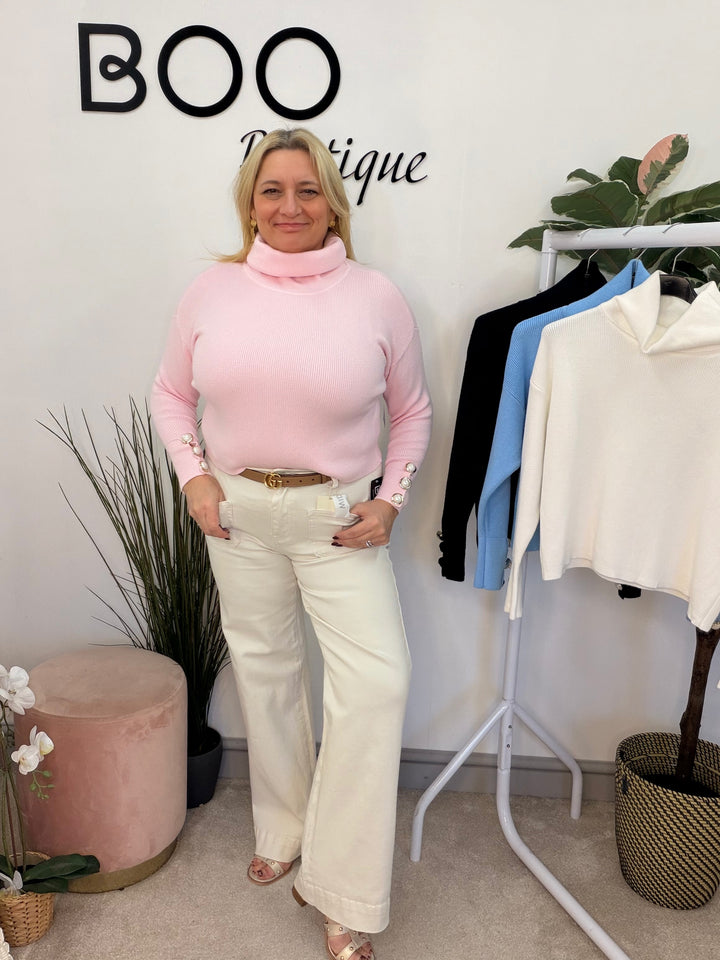 Ladies Fashion Cropped Roll Neck Jumper - black, white, blue & pink