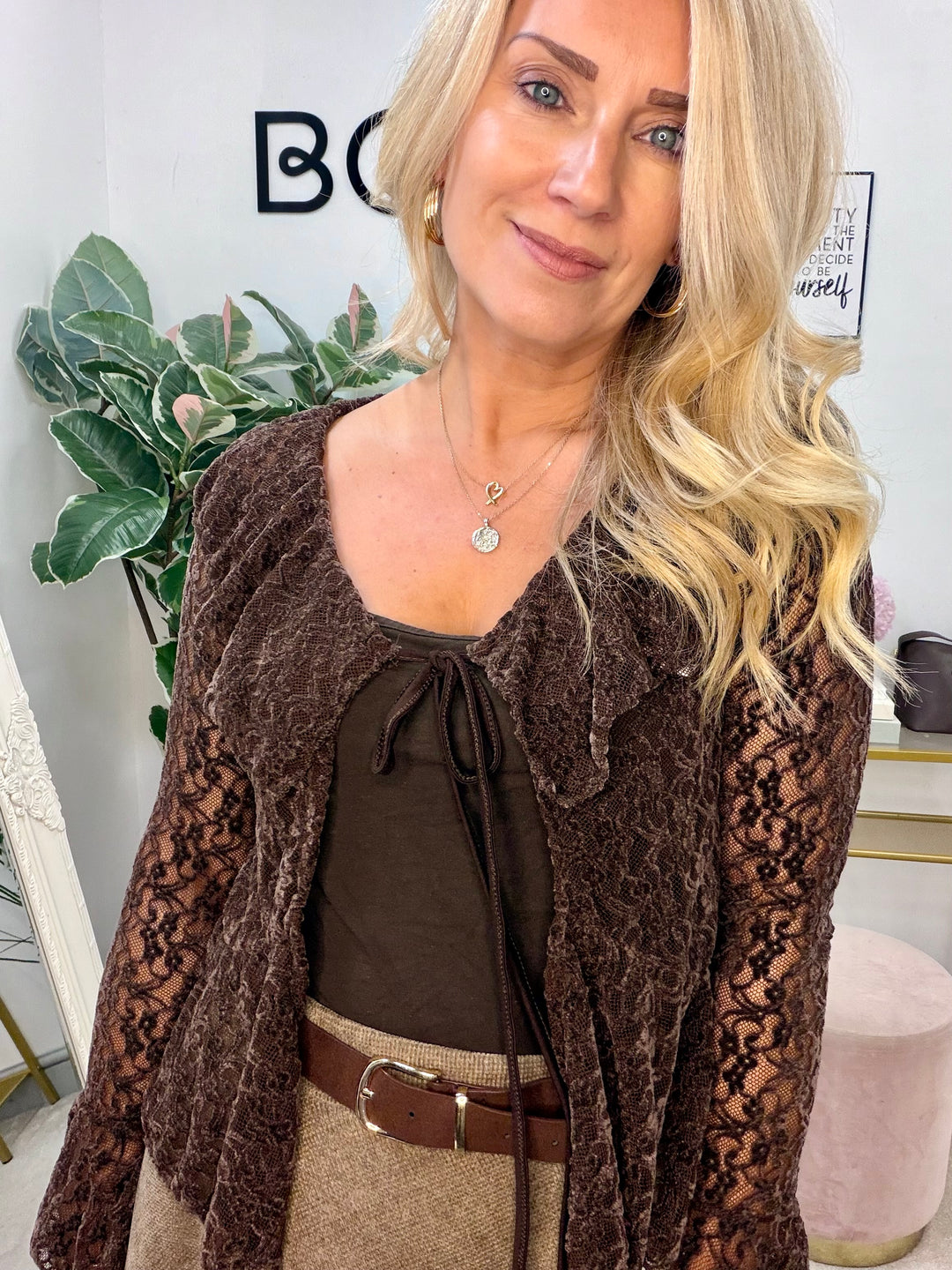 Ladies Fashion Lace Bolero Cardigan - Brown, White & Black