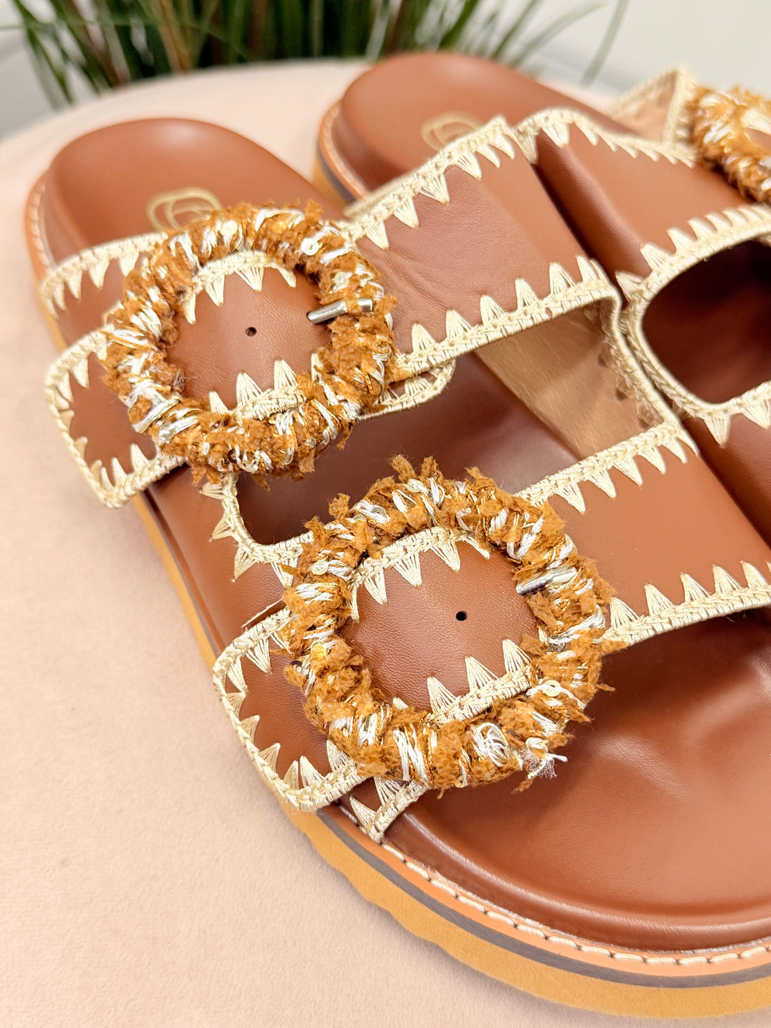 Ladies Fashion Buckle Comfy Moulded Footbed Slider Sandals brown