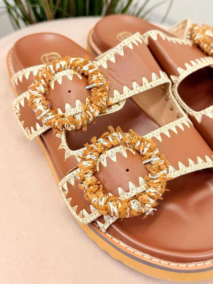 Ladies Fashion Buckle Comfy Moulded Footbed Slider Sandals brown