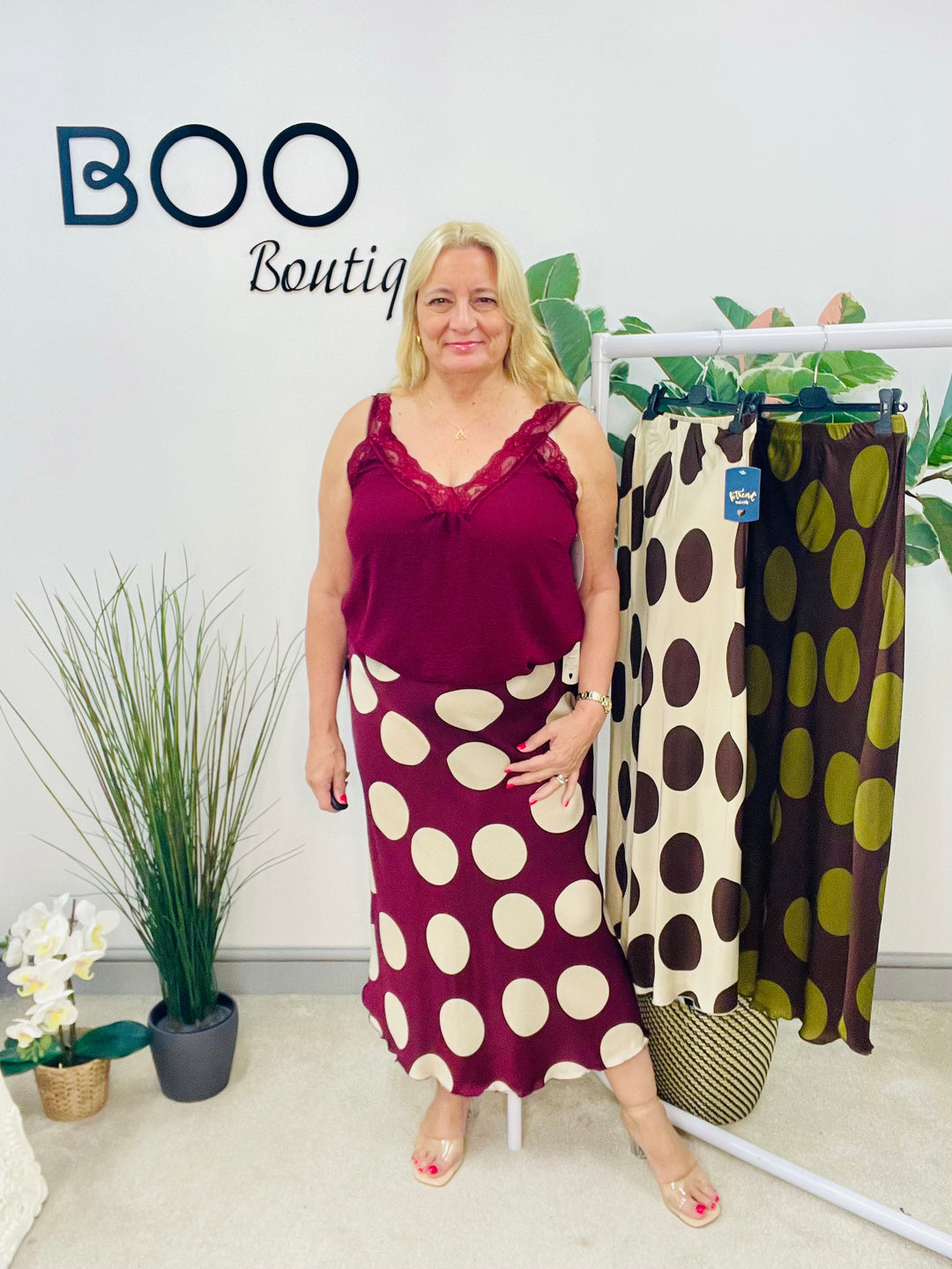 LADIES POLKA DOT SATIN MAXI SKIRT - CHOCOLATE BROWN, BURGUNDY & BEIGE