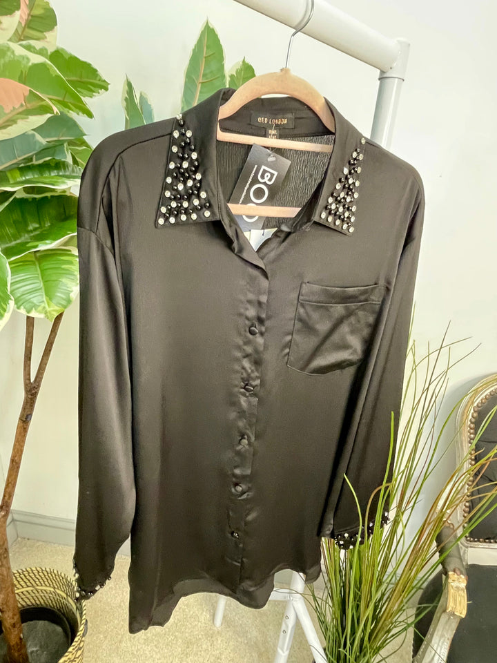 LADIES SILKY PEARL DIAMANTE SHIRT BLOUSE - CREAM & BLACK
