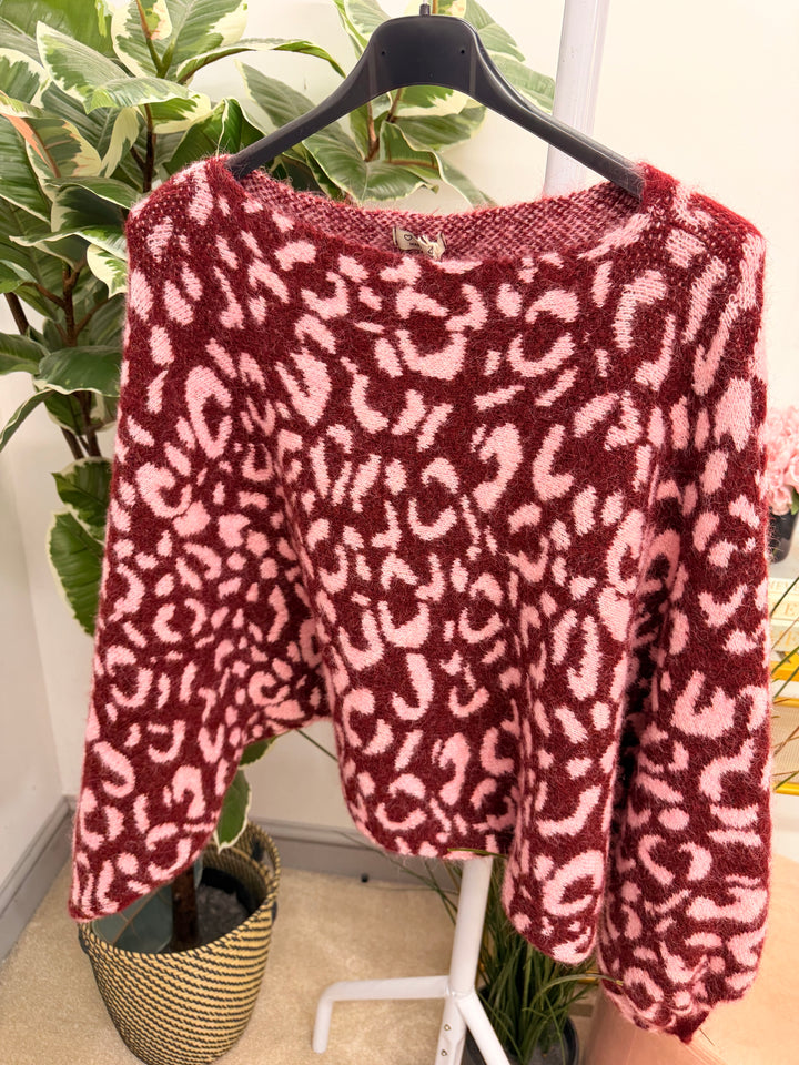 Womens Animal Print Slouch Knit Jumper - Lime, Blue, Plum & Wine