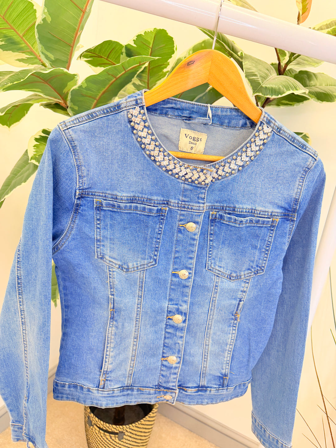 Ladies Fashion Blue Denim Diamante Collar Bomber Jacket