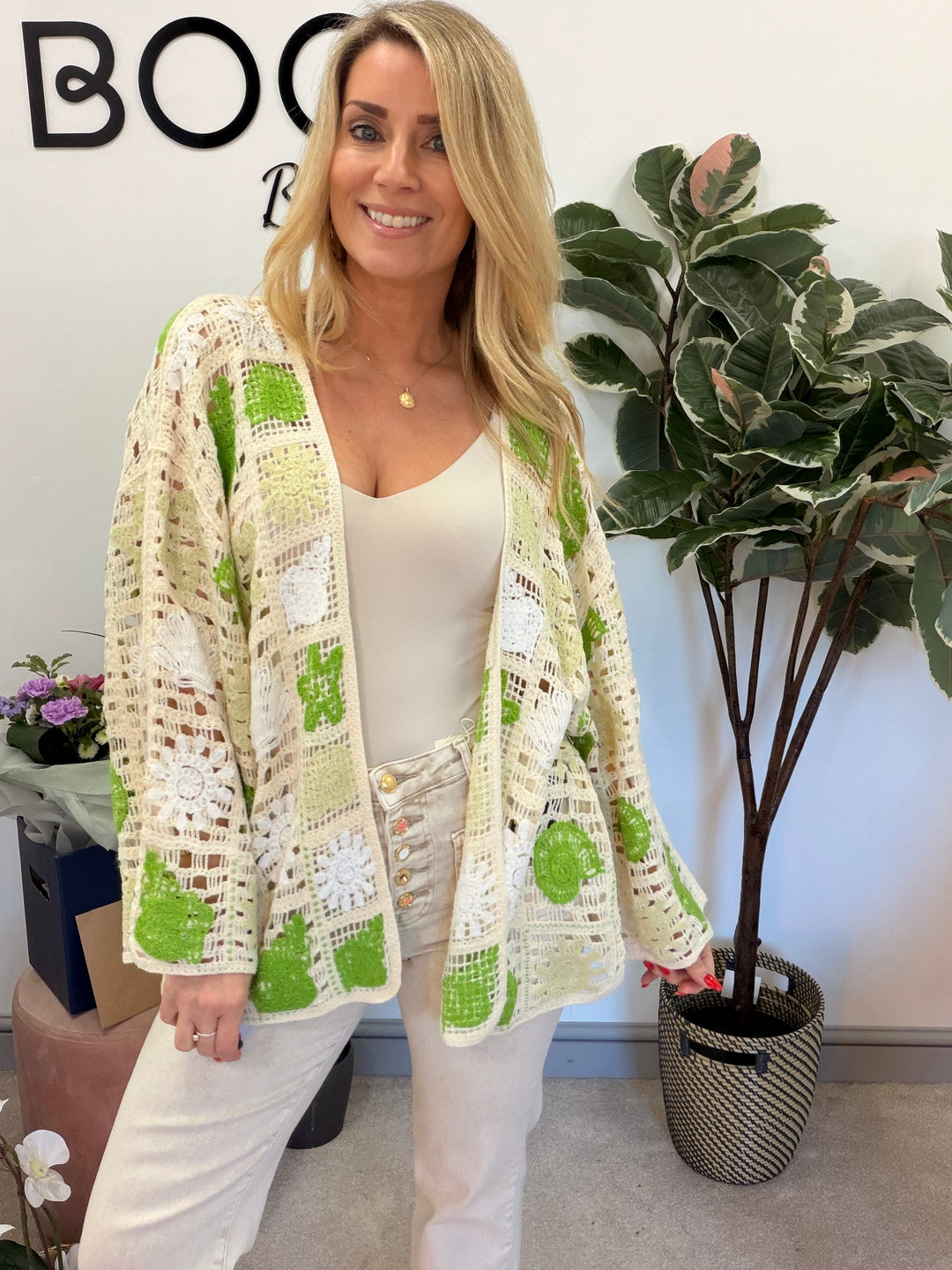 Ladies Fashion Beige Crochet Bolero Cardigan - pink, green & blue