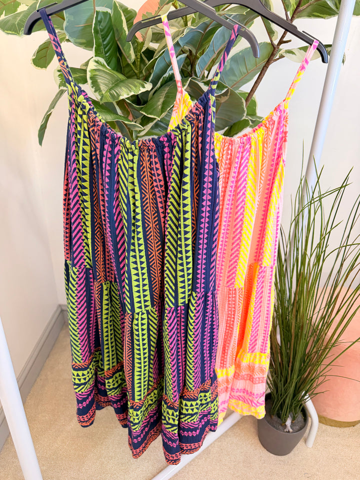 Ladies Aztec Print Cheesecloth Summer Sun Dress - Pink & Navy