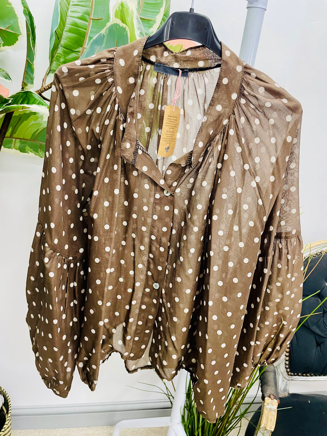 LADIES POLKA DOT LOOSE FIT BLOUSE TOP - BEIGE, BLACK & BROWN