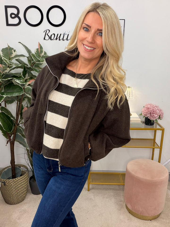Ladies Fashion Felt Bomber Jacket - Mocha & Brown