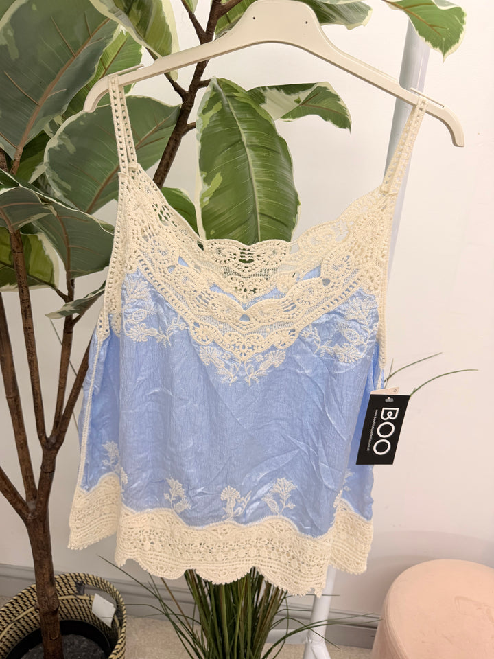 Ladies Fashion Silky Crochet Cami Top - Pink, Khaki, Blue, Cream, Beige, Green