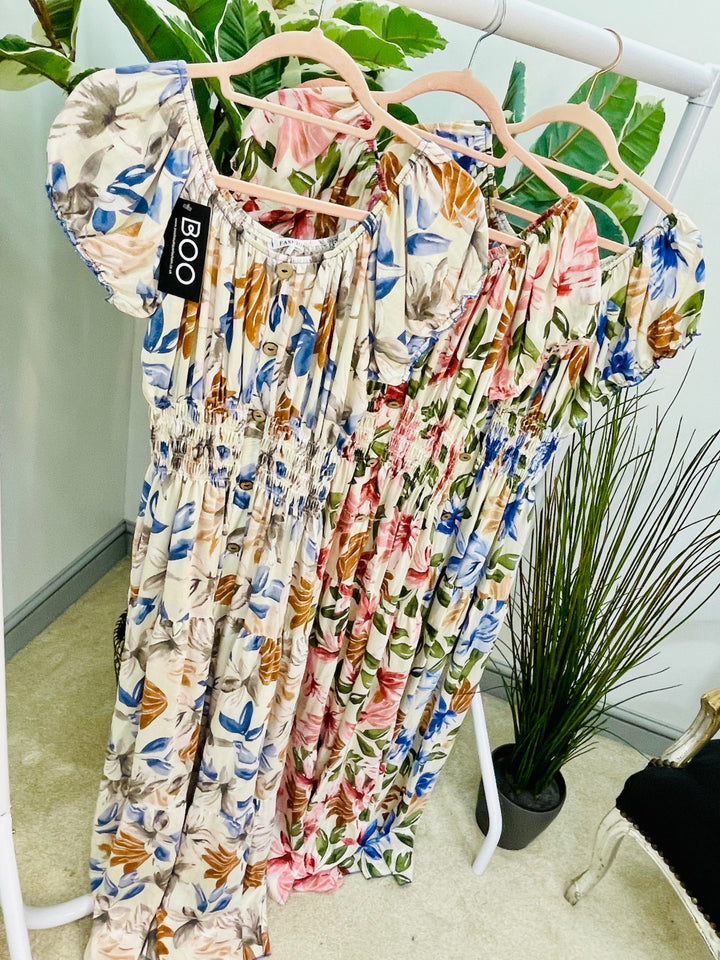 LADIES FLATTERING FLORAL PRINT SUMMER MAXI DRESS - PINK, CREAM & BLUE