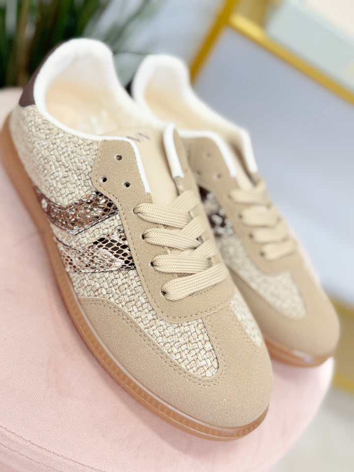 Ladies Fashion Beige Flat Inspired Stripe Trainers 