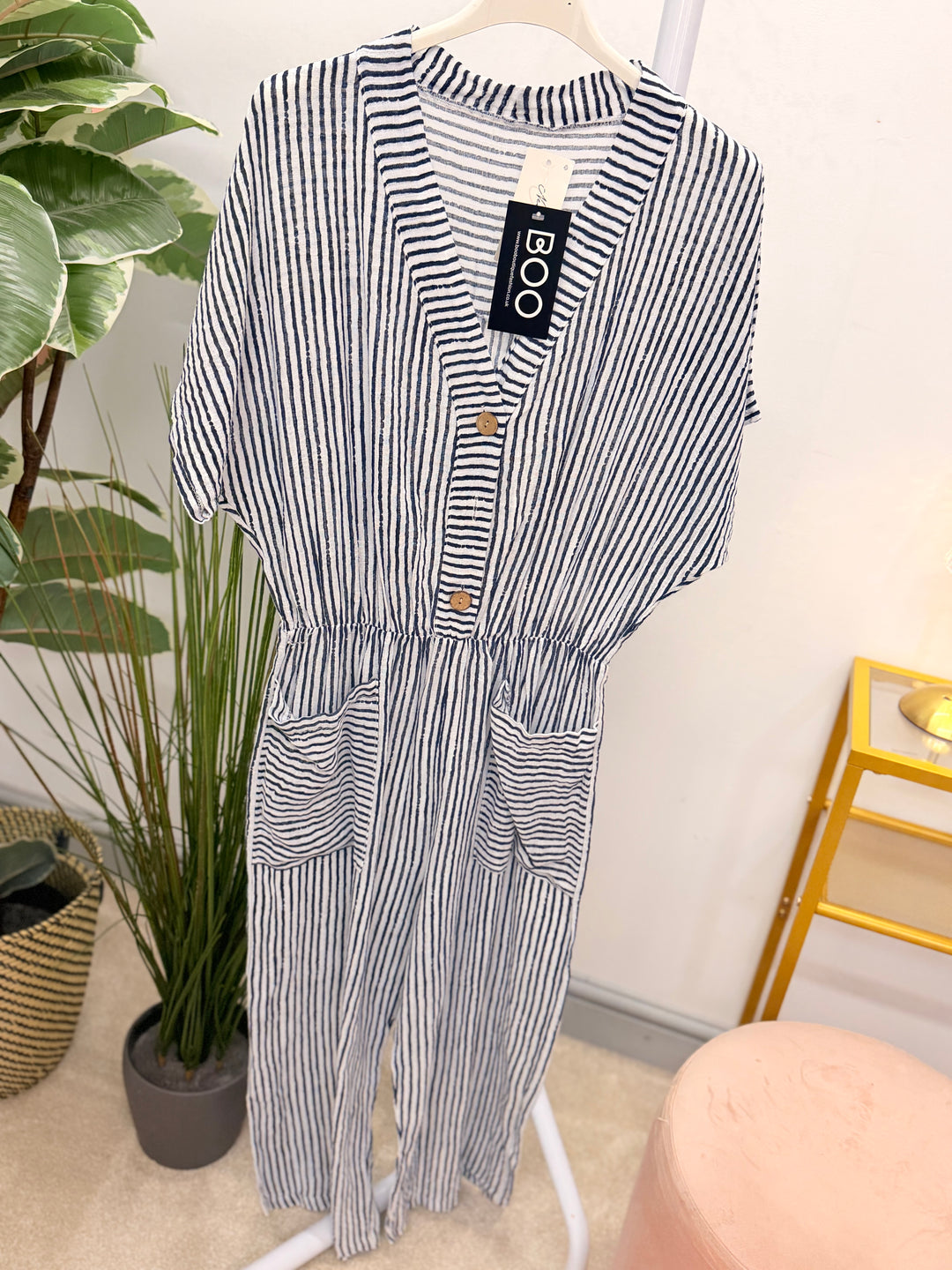 Ladies Linen Pinstripe Cropped Leg Jumpsuit - White, Navy & Beige