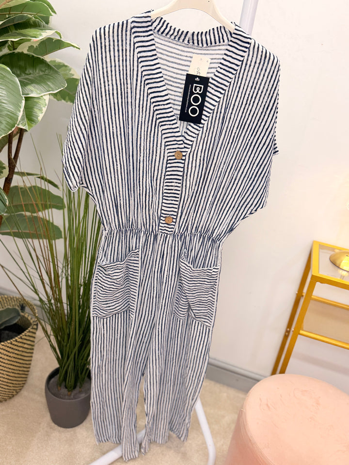 Ladies Linen Pinstripe Cropped Leg Jumpsuit - White, Navy & Beige